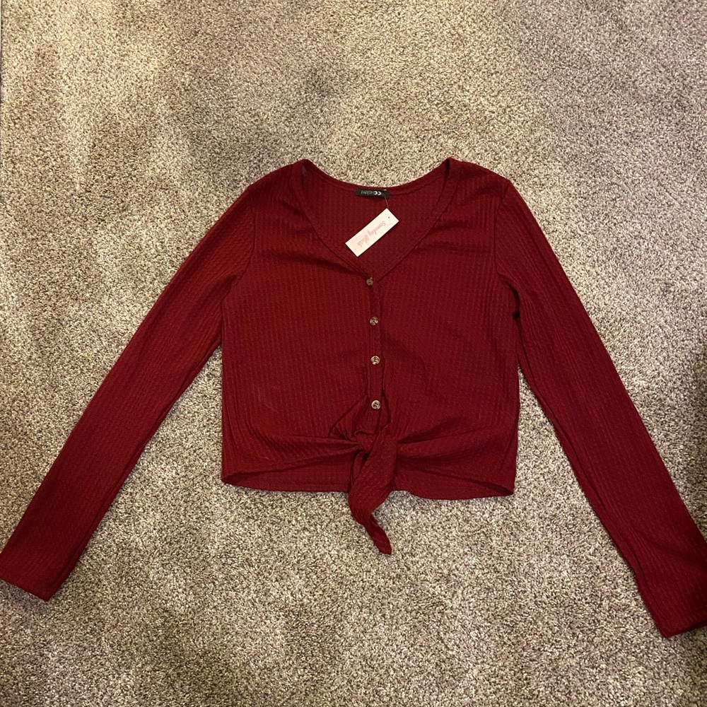 Burgundy Thermal Tie Front Button Top